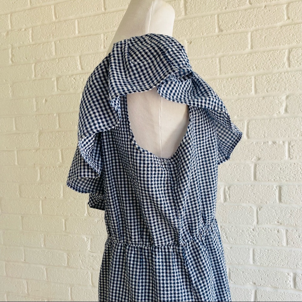 MINKPINK GINGHAM DRESS SUMMER LARGE ONE SHOULDER RUFFLE MINI WANDERER BLUE WHITE - Picture 8 of 15